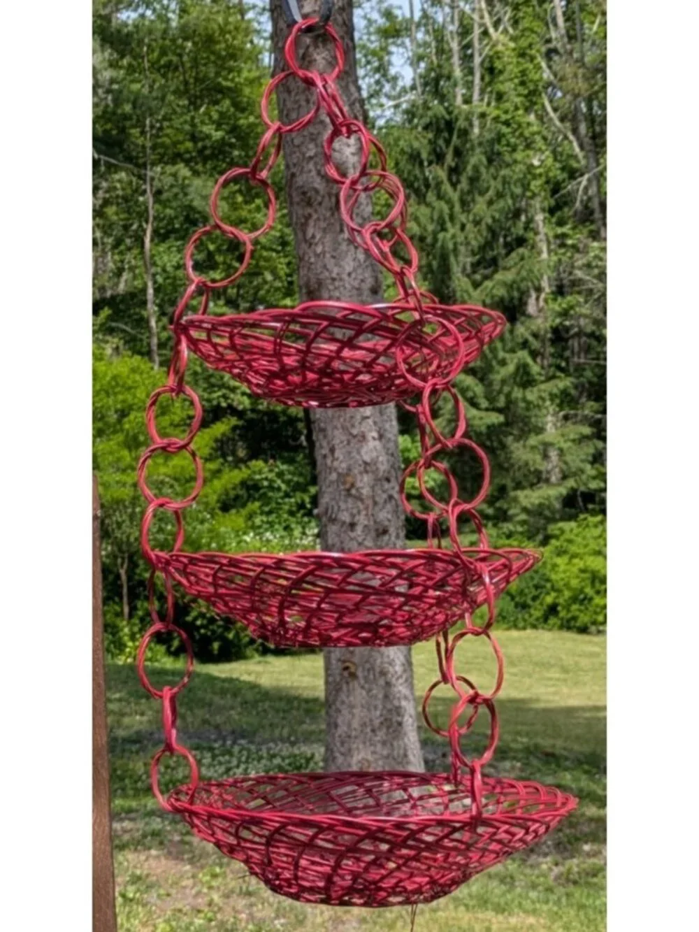 Vintage Red Wicker Hanging Three 3 Tier Basket Boho Plant Fruit 22